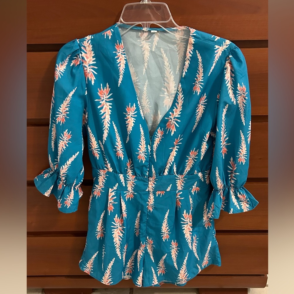 SHEIN Boho Turquoise V Neck Romper with 3/4 Baby Bell Sleeves + Pockets Size S